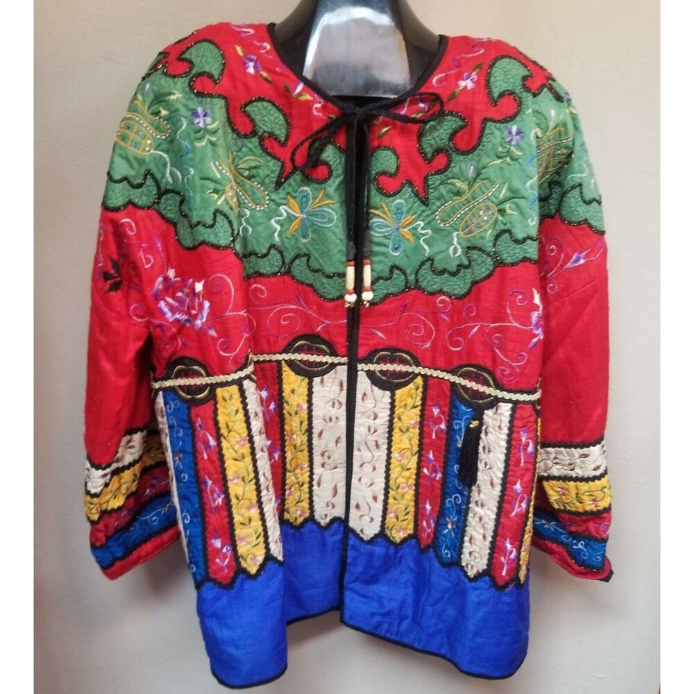 Vintage J A Resorts Embroidered Coat Jacket Brocade Silk Tassel Blue Red Boho